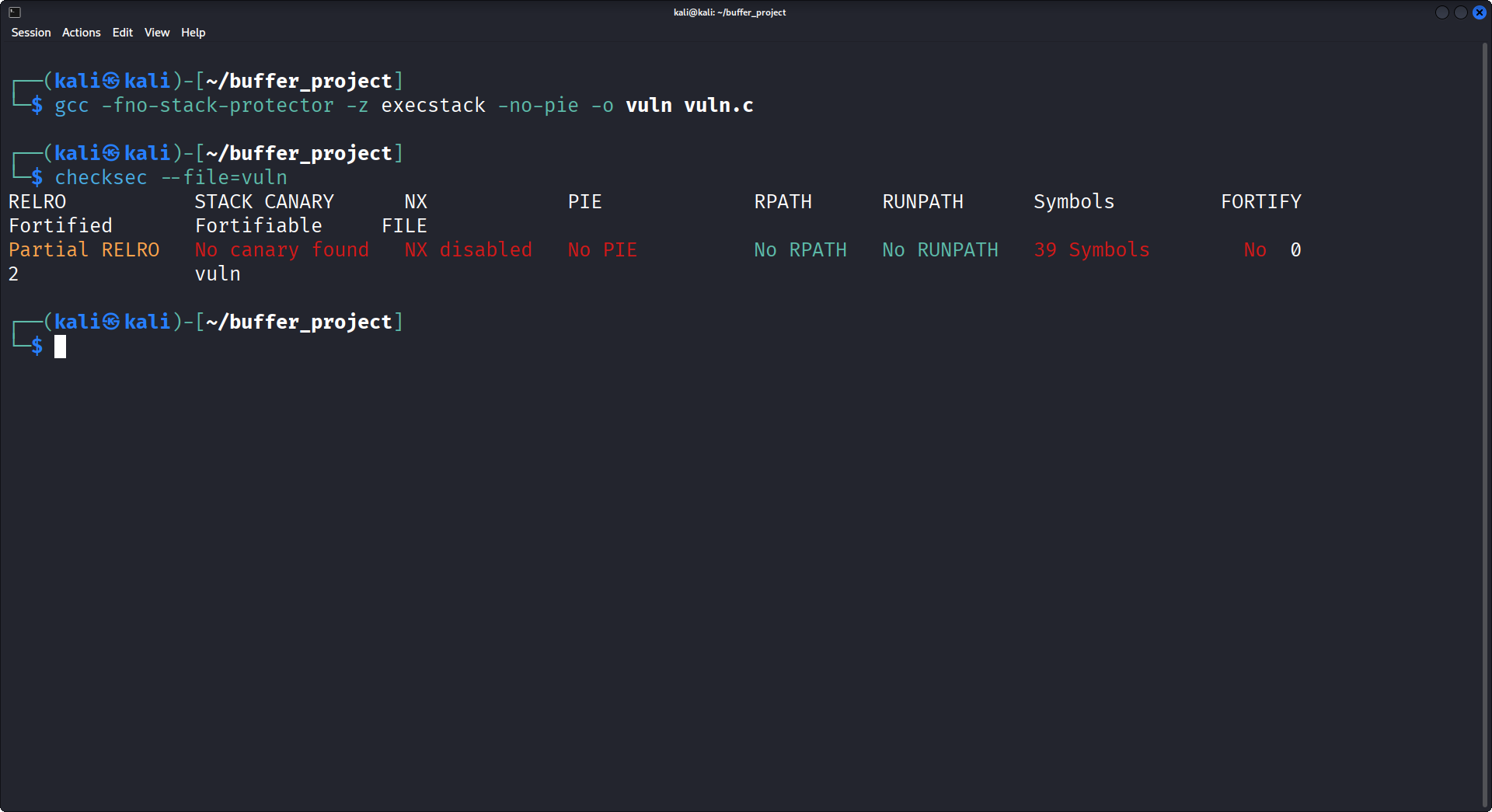 Checksec output verifying disabled protections