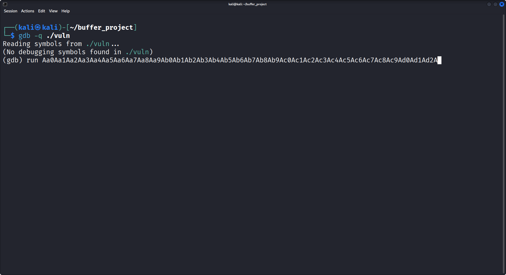 Running GDB with a cyclic pattern